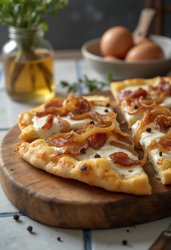 Flammkuchen med rømme, løk og bacon