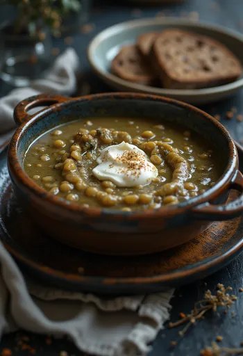 Kremet linsestuing drysset med frisk persille, servert med speilegg og stekte pølsebiter.