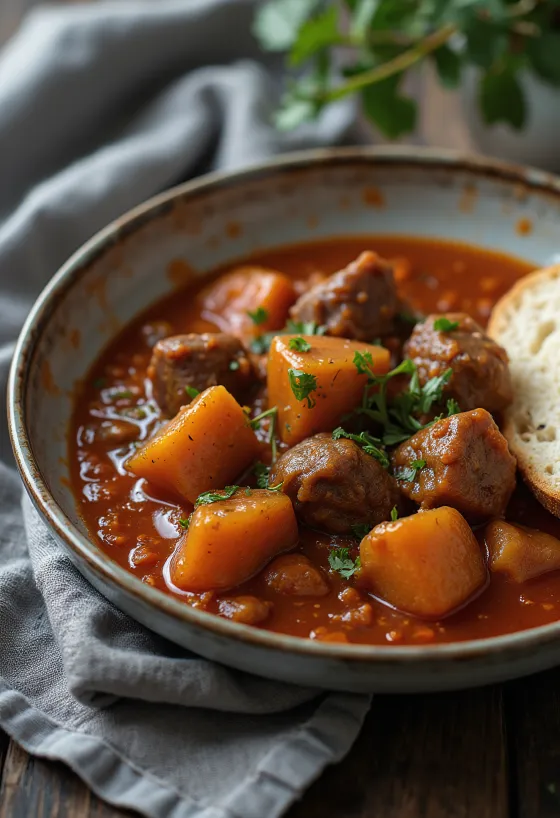 Strutsegryte (Pörkölt) servert med ferskt brød.
