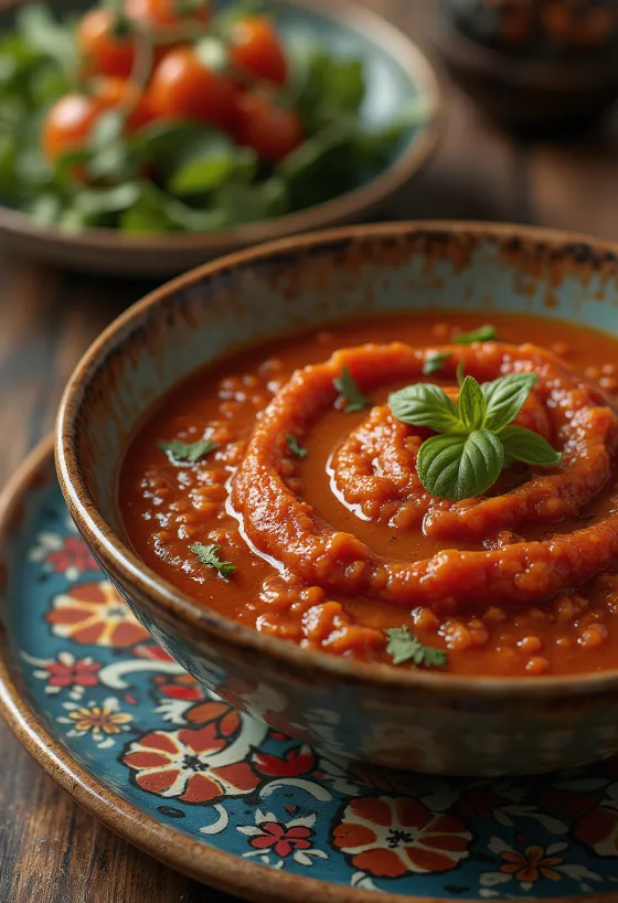 Røkt paprika tomatsaus servert med stekte poteter