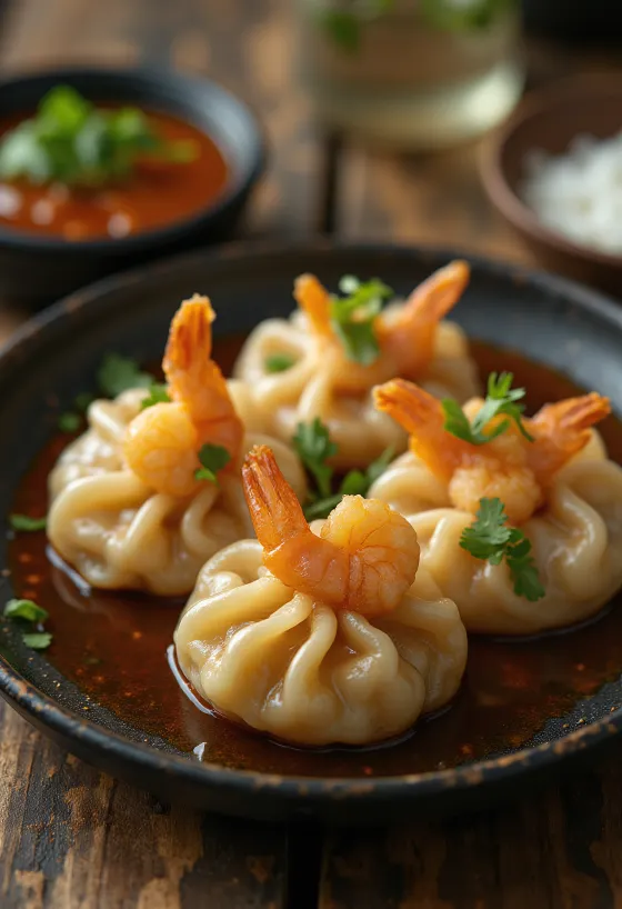 Thai tamarind- og scampidumplings med sprø bunn
