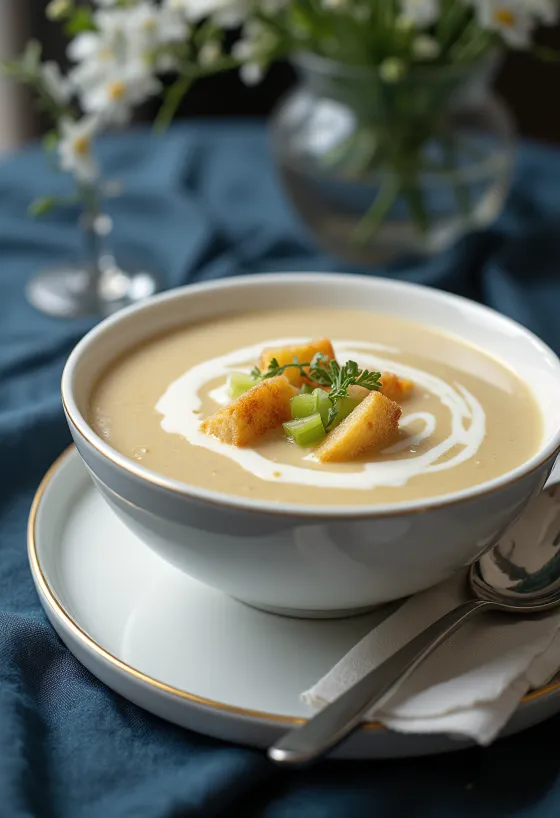 Kremet sellerirotsuppe pyntet med frisk persille.