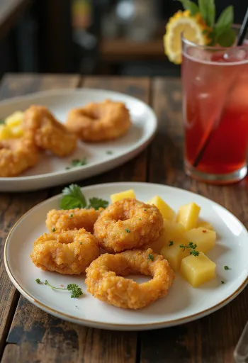 Acarajé servert med ananas, krydrede bønneboller og frisk ananas