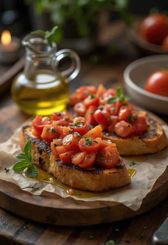 BBQ-grillet bruschetta med tomat på et fat