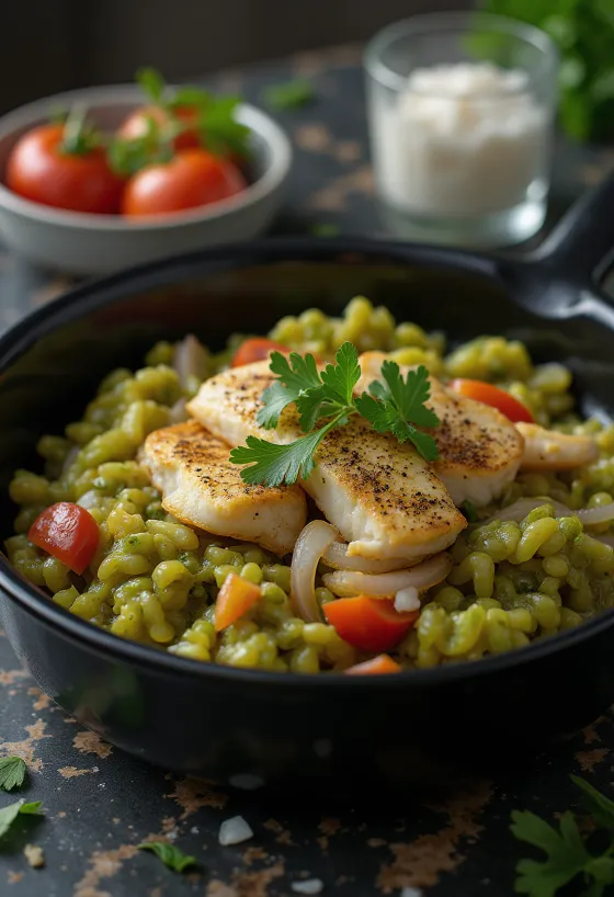 Callaloo med saltfisk, pyntet med frisk koriander