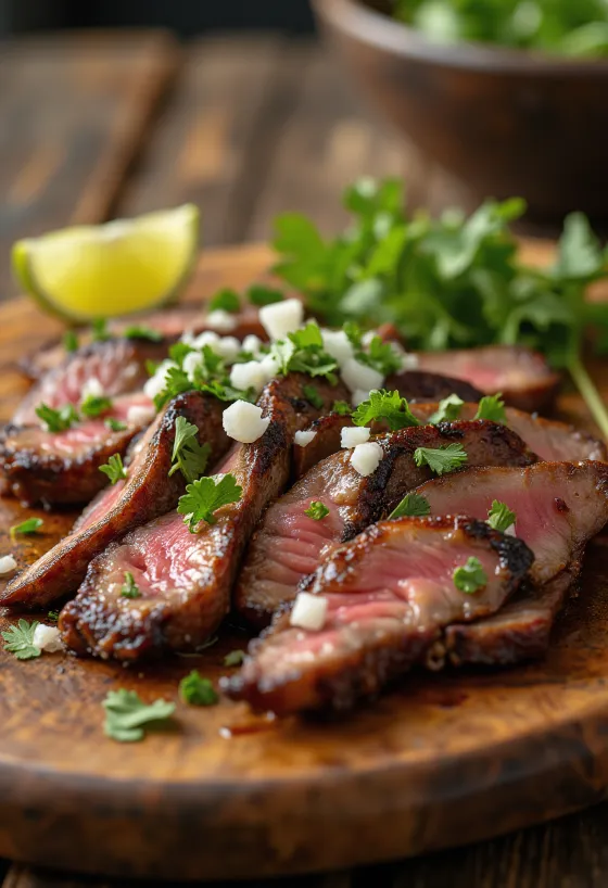 Carne asada servert med tortilla og salat