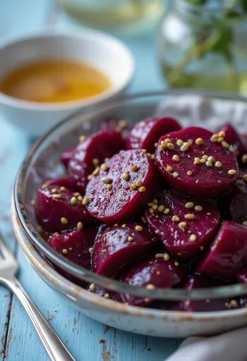 Rødbetsalat servert med ferske grønnsaker og balsamico-dressing