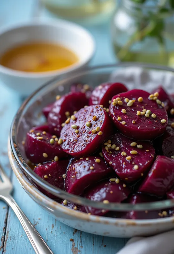 Rødbetsalat servert med ferske grønnsaker og balsamico-dressing