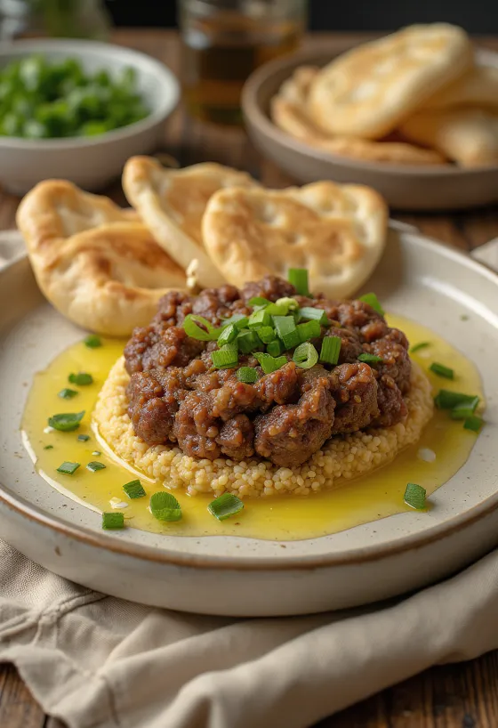 Kibbeh Nayyeh servert med ferskt pitabrød og granateplekjerner