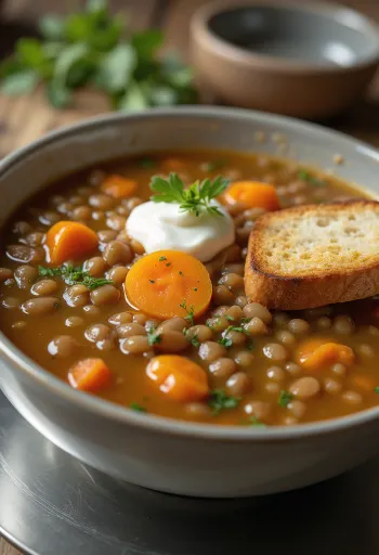 Tradisjonell linsesuppe smaksatt med gulrot, potet og laurbærblad, klar til servering.