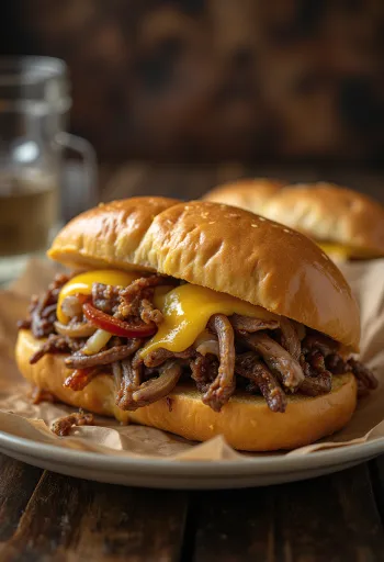 Philly cheesesteak servert med pommes frites og salat