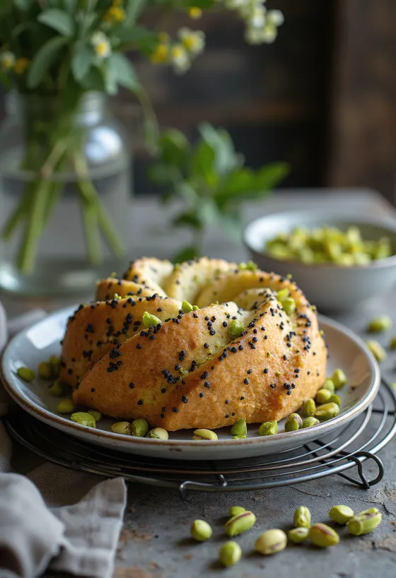 Pistasj- og valmuefrøkake servert