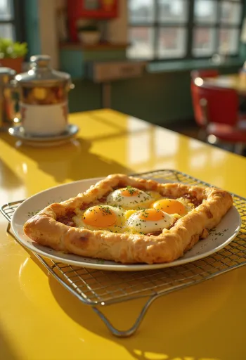 Quail egg and sausage tart servert i stykker på en hvit tallerken.