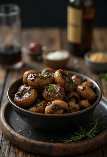 Ovnsbakt sopp i balsamico-marinade servert