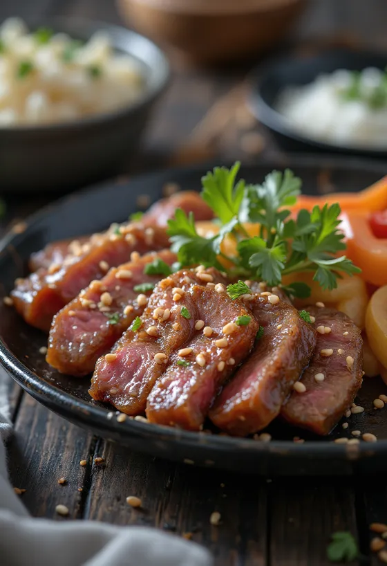 Galbi med sesam, stekte biffskiver servert med vårløk og sesamfrø