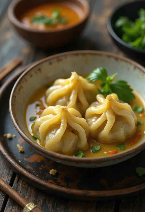 Thai grønn karri kylling-dumpling servert på fat