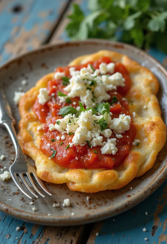 Tiganopsomo med feta og tomatsaus, servert fersk