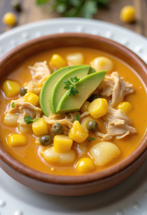 Ajiaco med kylling servert i skål