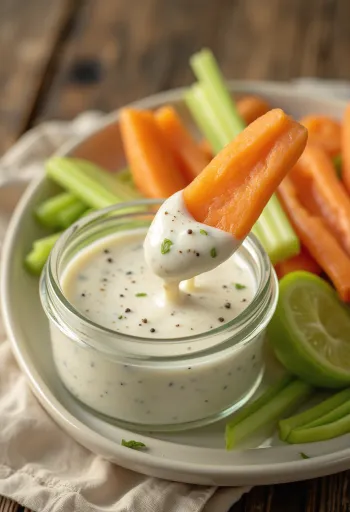 Kremet hvit ranch-dressing med friske urter i en glasskål