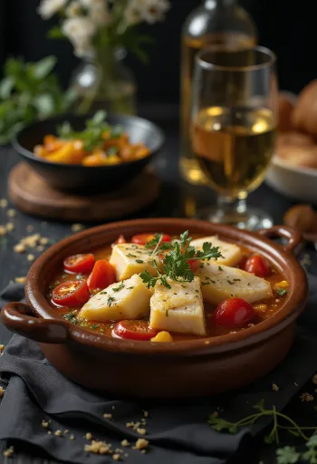 Caldeirada de bacalhau med klippfisk, servert med krydrede grønnsaker og persille