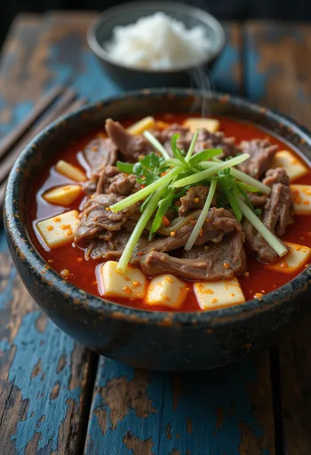 Chili yukgaejang koreansk oksekjøttsuppe med rødlig farge, tofu og grønnsaker.