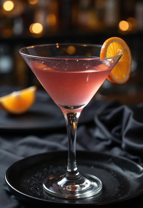 Cosmopolitan cocktail pyntet med appelsinskall