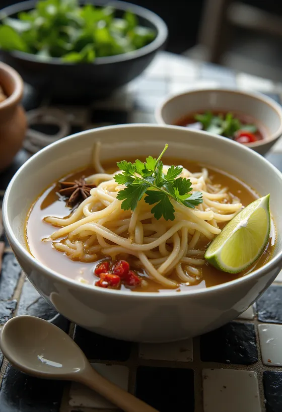 Pho sursøt variant servert i en bolle med sursøt risnudelsuppe, frisk koriander og limeskiver