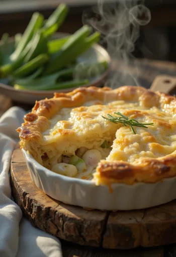 Rabbit and leek pie servert i en rustikk form med gyllen butterdeig.
