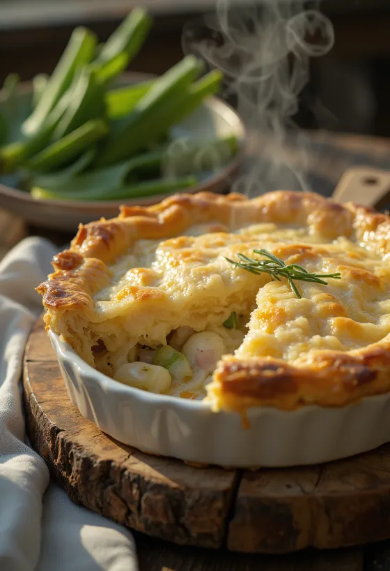 Rabbit and leek pie servert i en rustikk form med gyllen butterdeig.