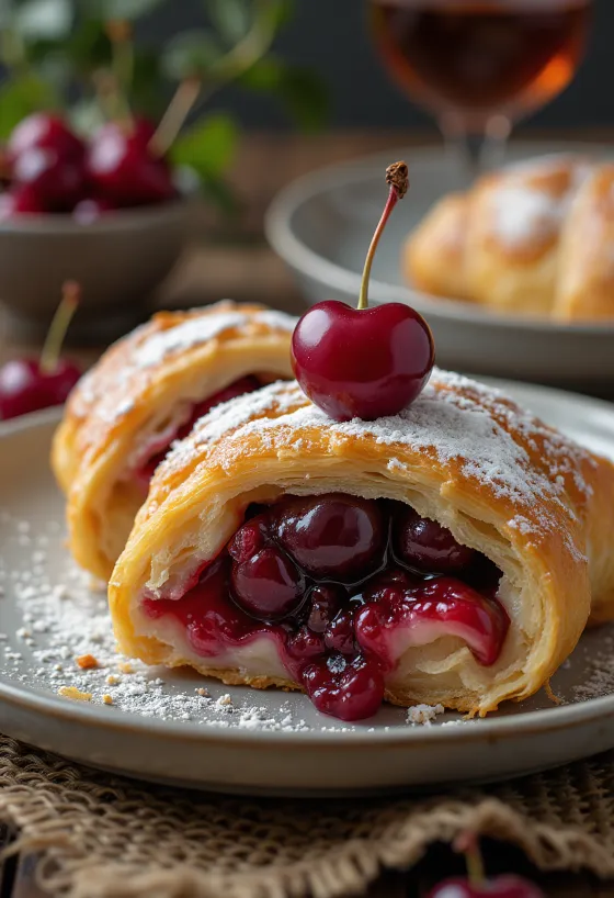 Strudel med kirsebær og rom servert