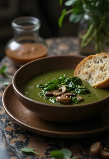 Kremet spinat- og soppsuppe servert