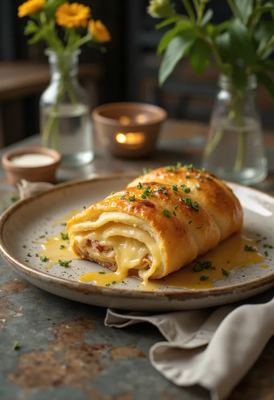 Stromboli med trappistost servert, rik på trappistost på toppen, sprø utenpå og myk inni.