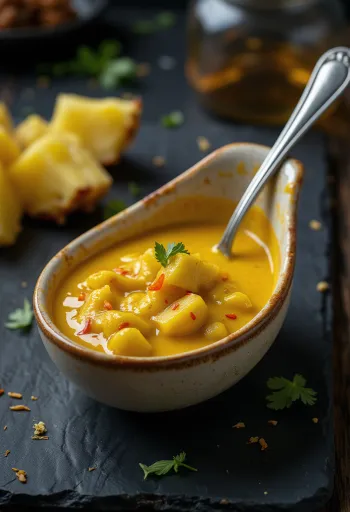 Gul ananas-currysaus med synlige biter av ananas