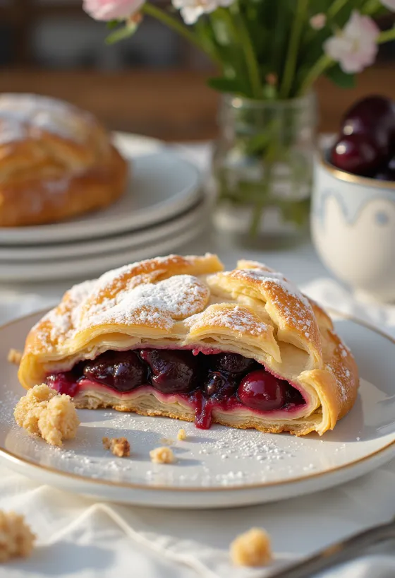 Kirsebærstrudel servert