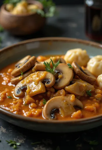 Kremet sopp-paprikash servert med frisk persille og nokedli (små melboller)