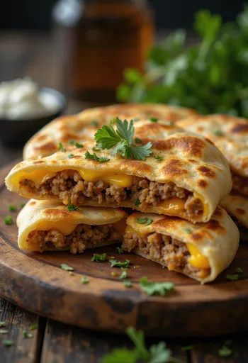 Haggis quesadilla, sprø tortilla stekt gyllenbrun, fylt med grønnsaker og ost
