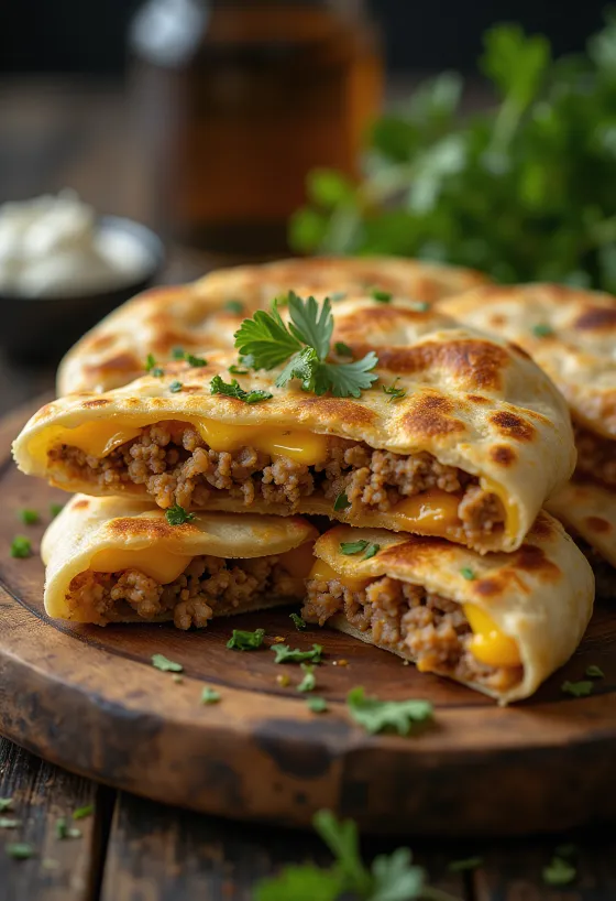 Haggis quesadilla, sprø tortilla stekt gyllenbrun, fylt med grønnsaker og ost