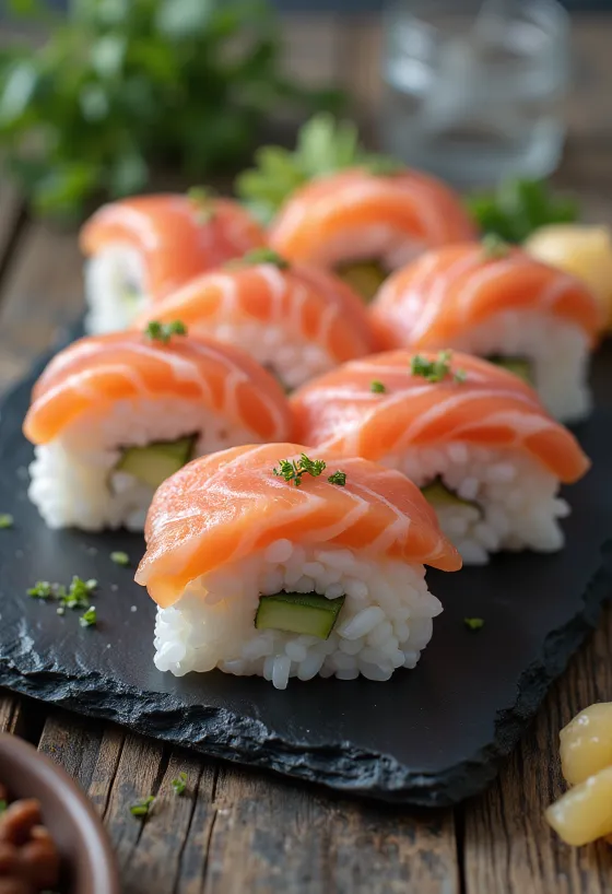 Oshizushi med laks, presset lagdelt sushiris og friske lakseskiver