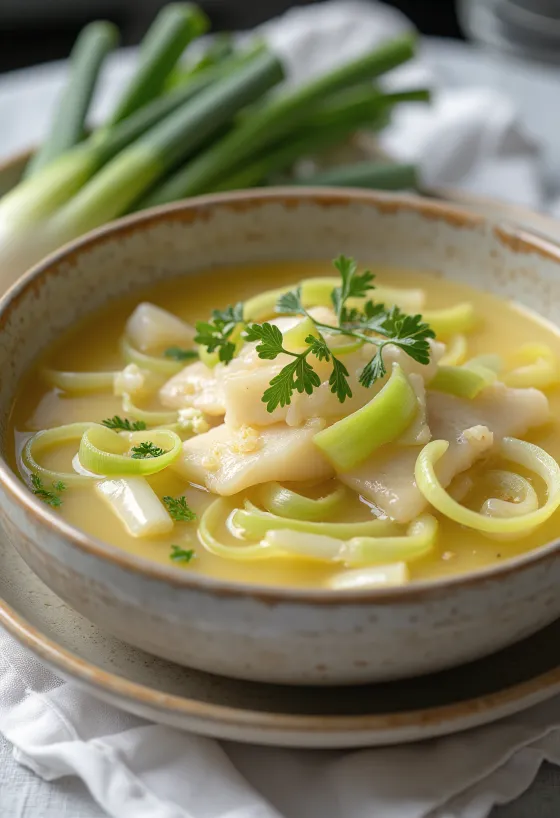 Psarosoupa med purre, rik fiskesuppe servert med fersk olivenolje og sitronsaft