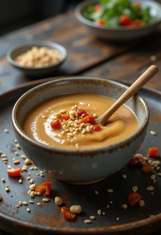 Peanøttsaus med sesam servert med vårruller