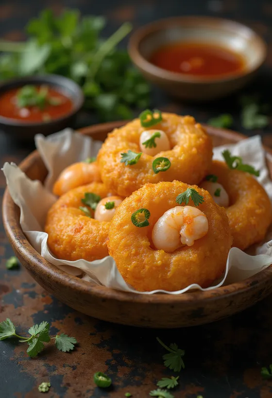 Akara med reker, sprø boller servert