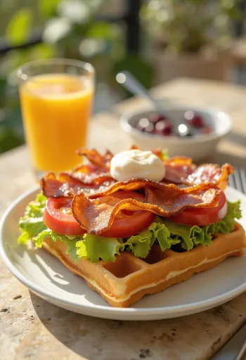 BLT vaffel servert med baconskiver, tomat og salat