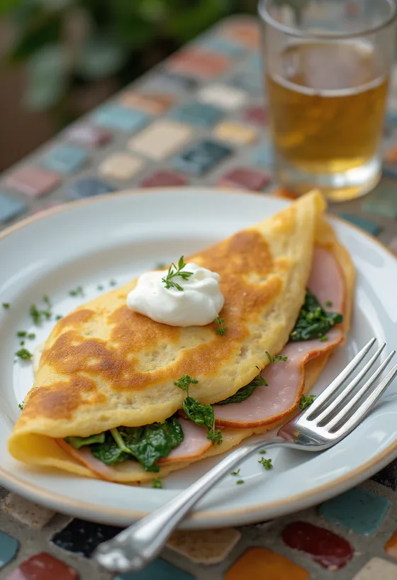 Nylaget fransk salt crêpe fylt med skinke og ost