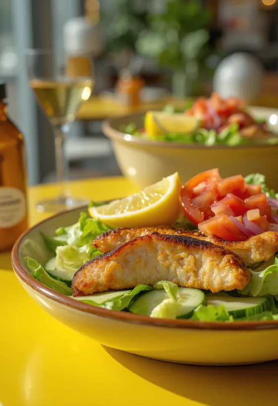 Frisk kyllingsalat med sprø grønnsaker og grillet kyllingfilet, med balsamico-dressing.
