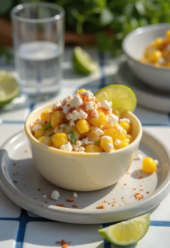 Esquites med fetaost og koriander, servert med fersk lime