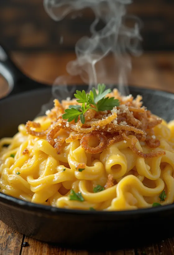 Käsespätzle, østerriksk ostepasta med røkt skinke og stekt løk