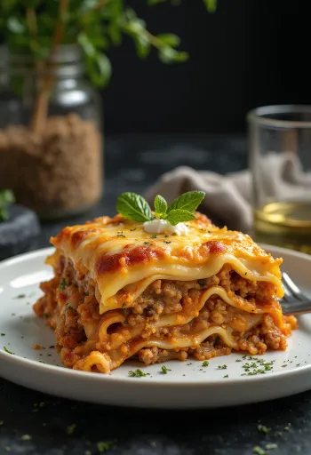 Italiensk lasagne lagt lagvis med saftig tomatisert kjøttdeig og kremet bechamel