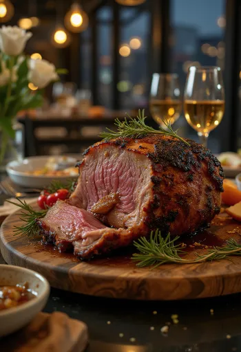 Roast boar with honey glaze servert med ovnsbakte grønnsaker.