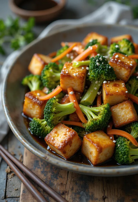 Stekt tofu med brokkolisalat servert