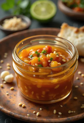 Chili- og limesaus med sesam servert